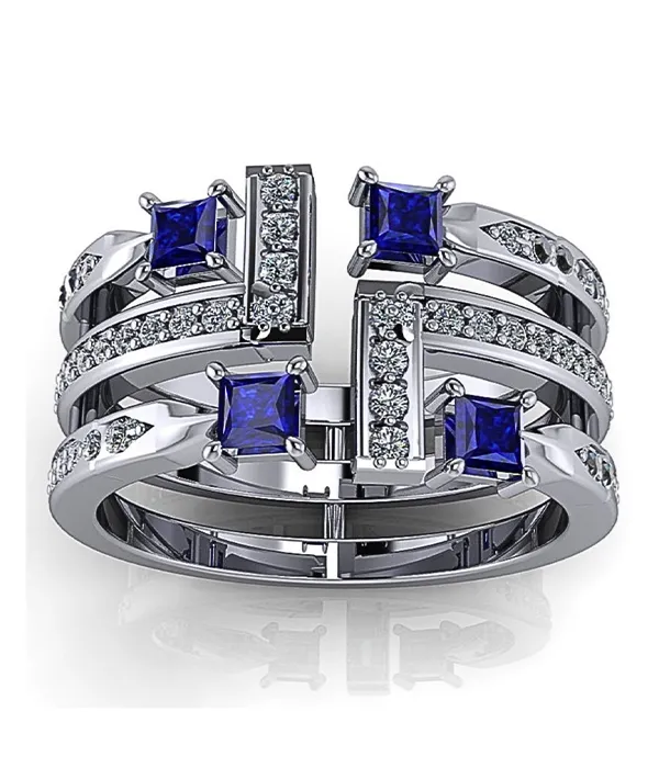 Stylish platinum wedding band with blue sapphires and sparkling accents. Explore more wedding bands at Masterpiece Jewelers