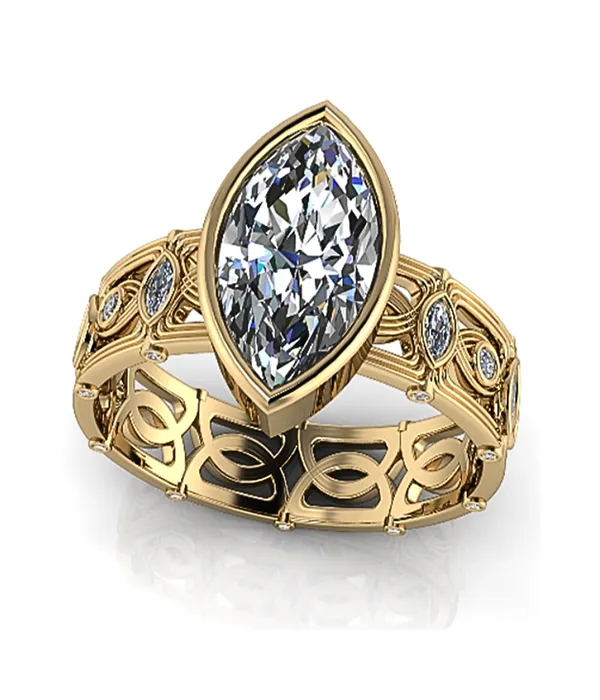 Elegant gold engagement ring with a marquise diamond centerpiece and intricate detailing. Click to explore more engagement rings