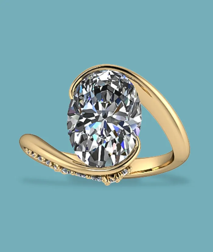 Elegant gold ring featuring a large oval diamond and smaller stones, perfect for engagement or special occasions.