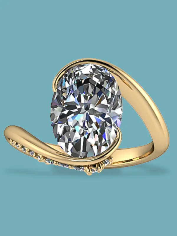 Elegant gold ring featuring a large oval diamond and smaller stones, perfect for engagement or special occasions.