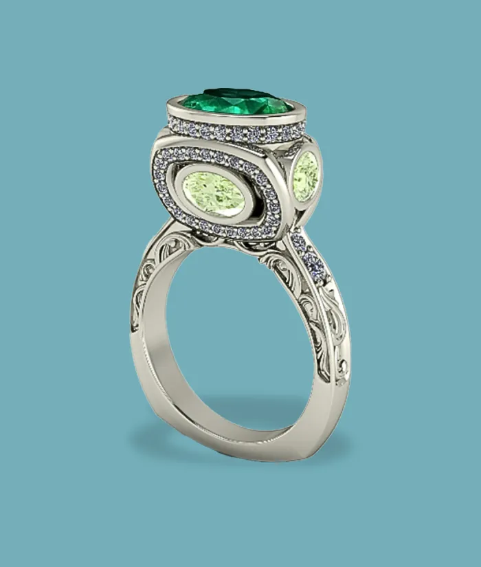 Elegant silver ring featuring a large green gemstone and smaller light green stones, adorned with sparkling accents.