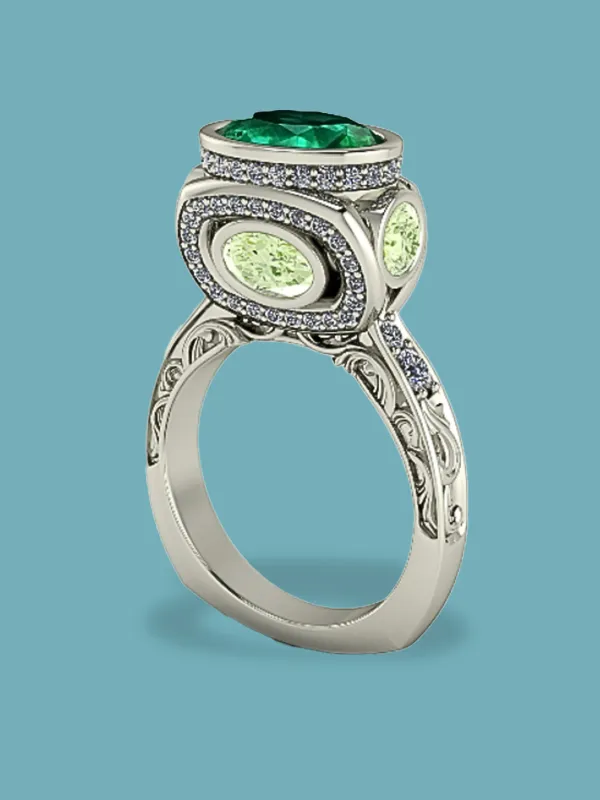 Elegant silver ring featuring a large green gemstone and smaller light green stones, adorned with sparkling accents.