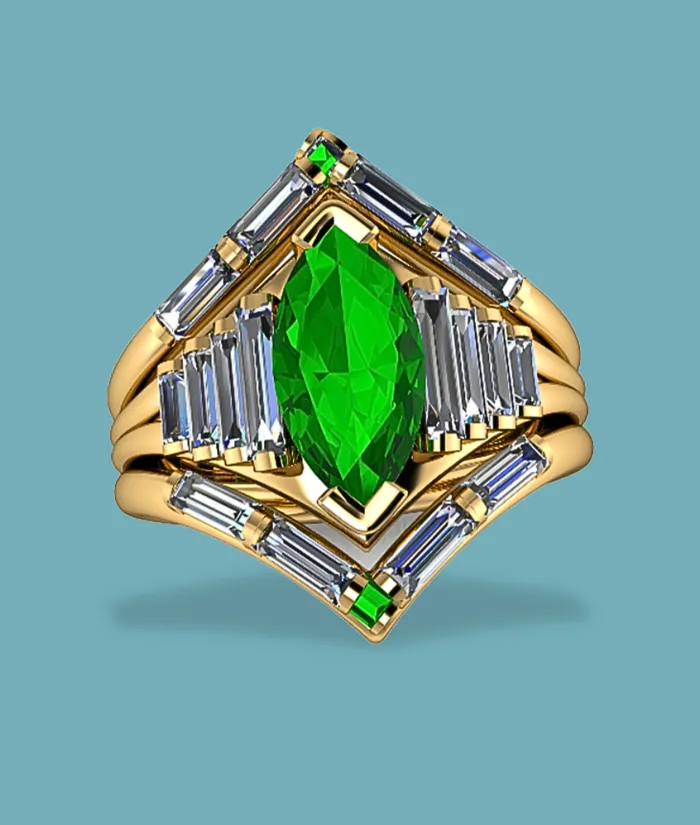 Elegant white gold engagement ring with a blue gemstone intricate floral designs. Visit Masterpiece Jewelers in Daytona Bch