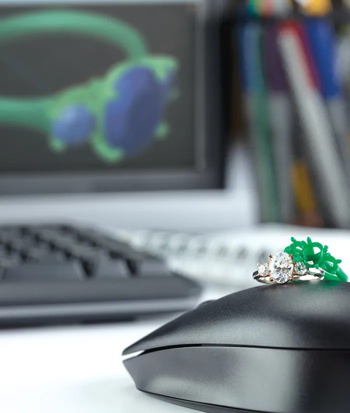 3D design interface for a diamond engagement ring with adjustable gem settings and dimensions.