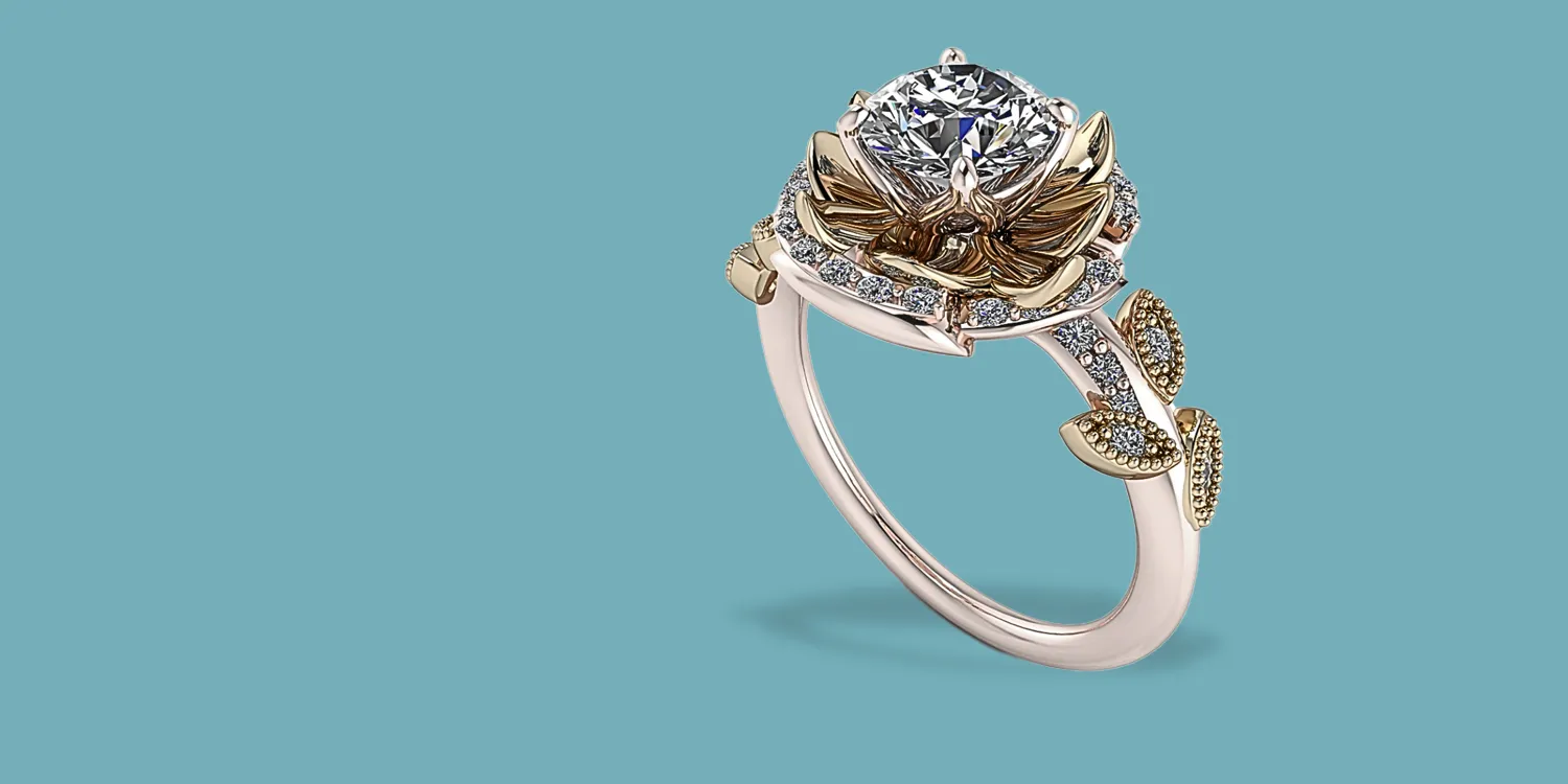 Elegant gold and diamond engagement ring with floral design. Visit Masterpiece Jewelers for fine jewelry in Daytona Beach.