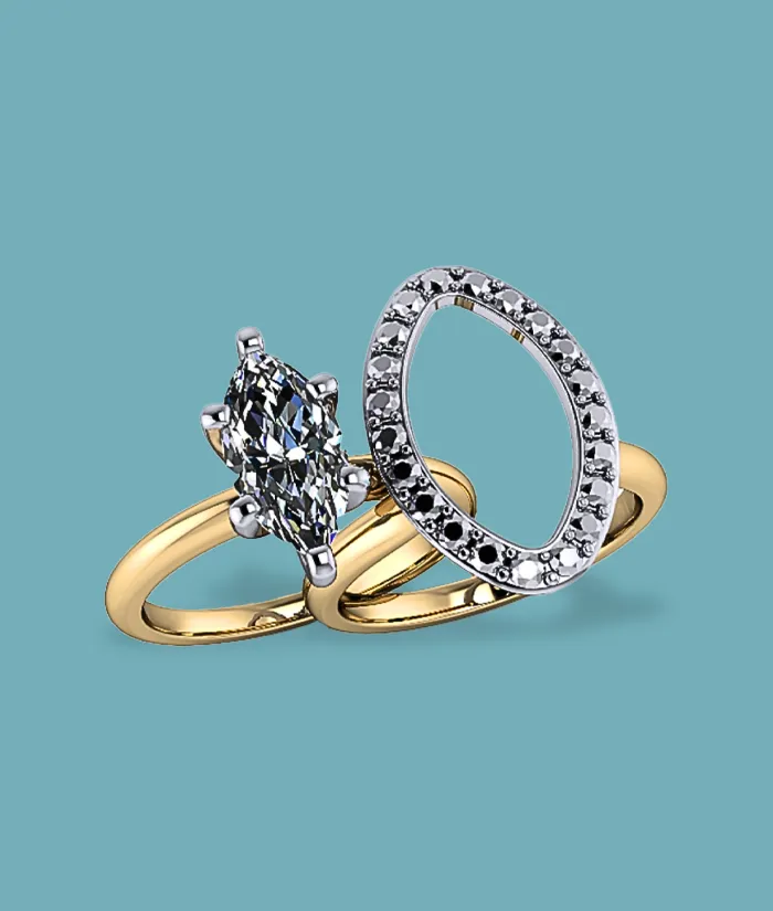 Two elegant rings featuring a marquise diamond and a halo design, set against a teal background. Shop at Masterpiece Jewelers.