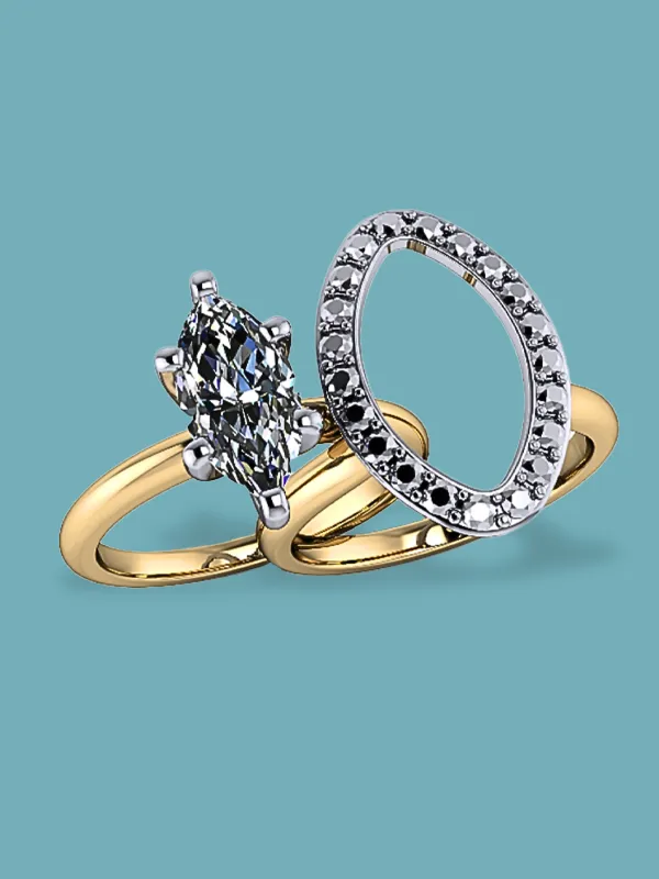Two elegant rings featuring a marquise diamond and a halo design, set against a teal background. Shop at Masterpiece Jewelers.