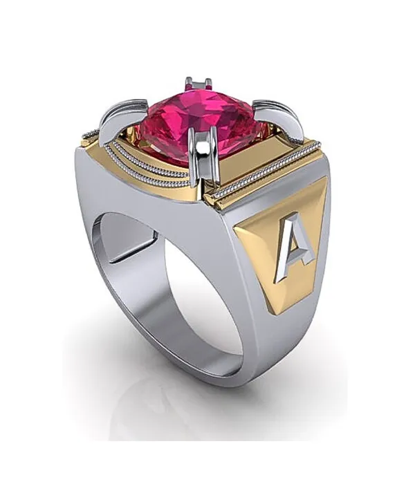 Men's ring featuring a pink gemstone, gold and silver design, available at Masterpiece Jewelers in Daytona Beach.