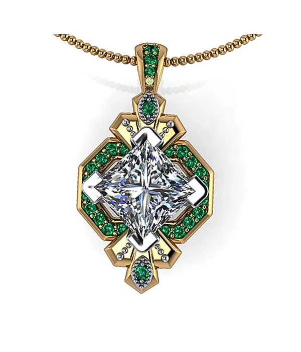 Elegant gold pendant with a large diamond and green gemstones, perfect for any occasion. Click to explore more pendants.