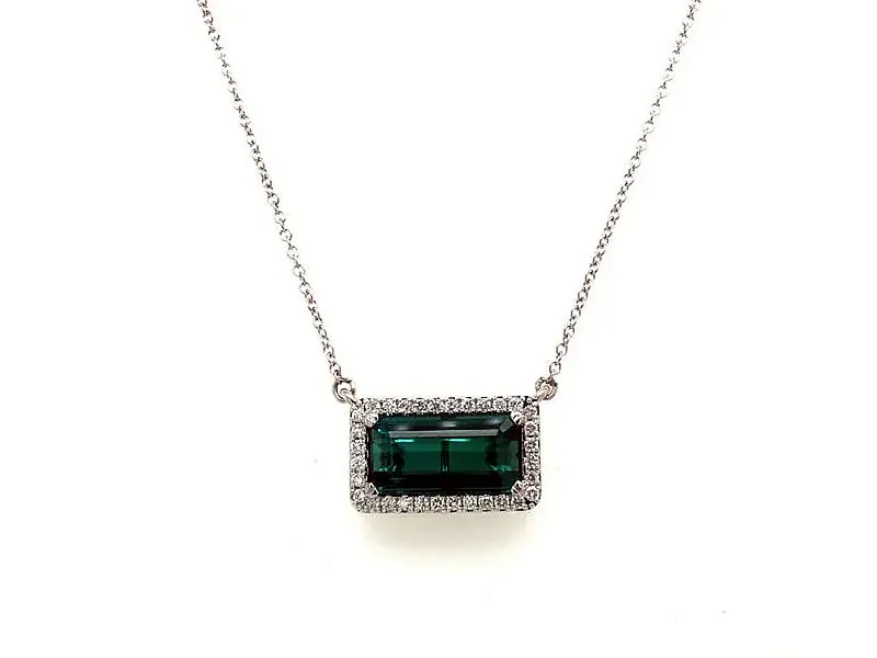 Green Tourmaline Necklace $1650 This elegant necklace showcases the vivid green brilliance of tourmaline, accented with round sparkling diamonds for timeless sparkle, with a total gem weight of 3.36 carats&mdash;regularly $2,650, now on sale for $1,650 Van Adams Jewelers Snellville, GA