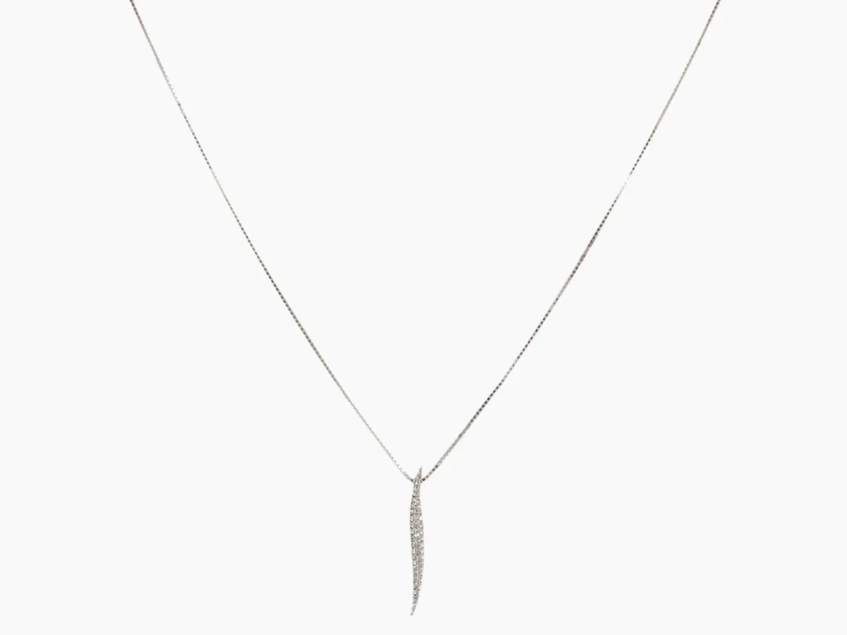 Long diamond-encrusted curved drop necklace.