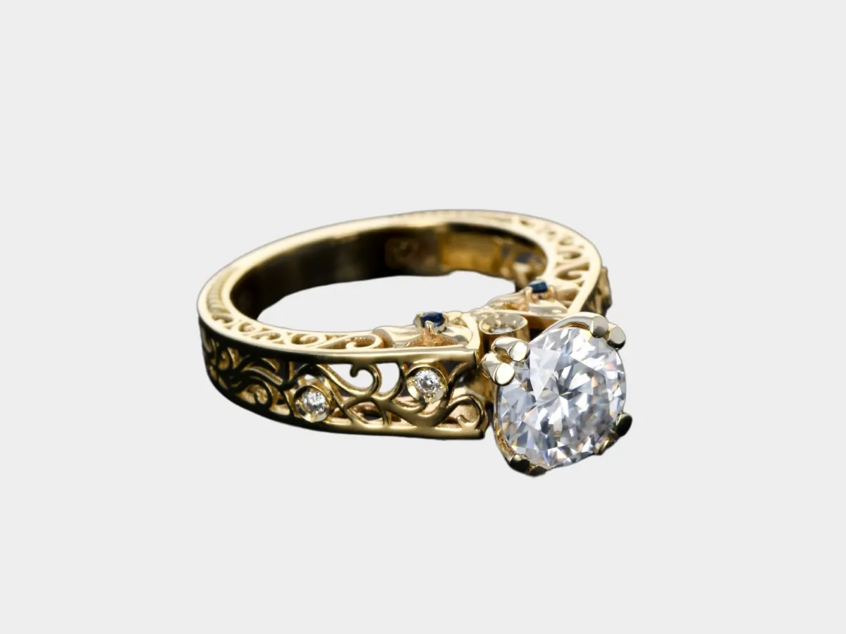 Ornate gold ring with diamond.