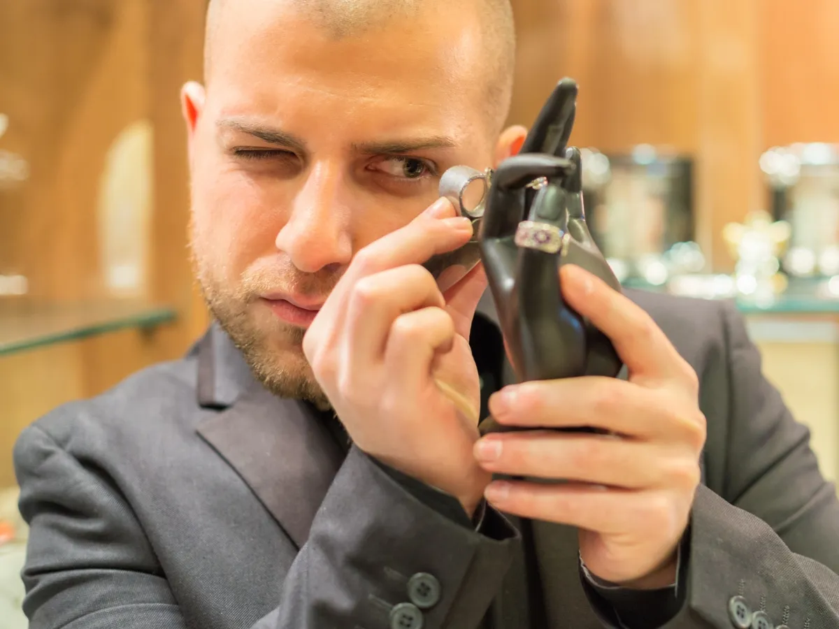 Jeweler inspecting ring with loupe.