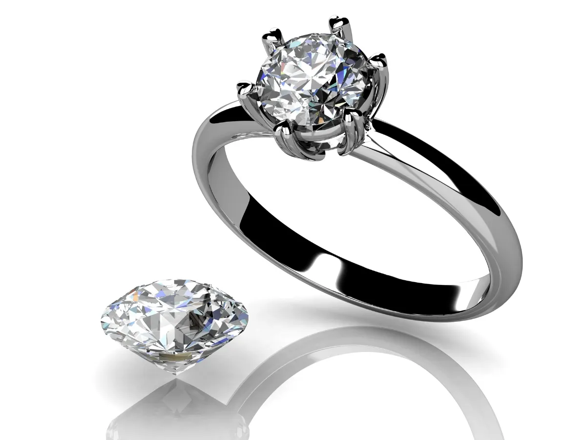 Solitaire diamond engagement ring close-up.