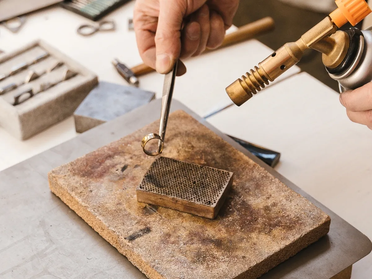 Jeweler heating gold ring with torch.