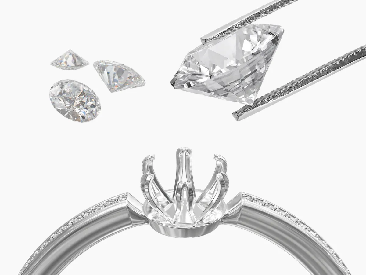 Loose diamonds prepared for ring setting.