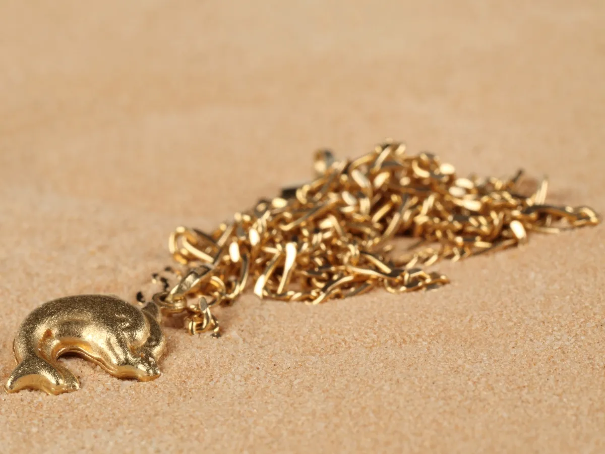 Gold chain necklace with dolphin pendant.