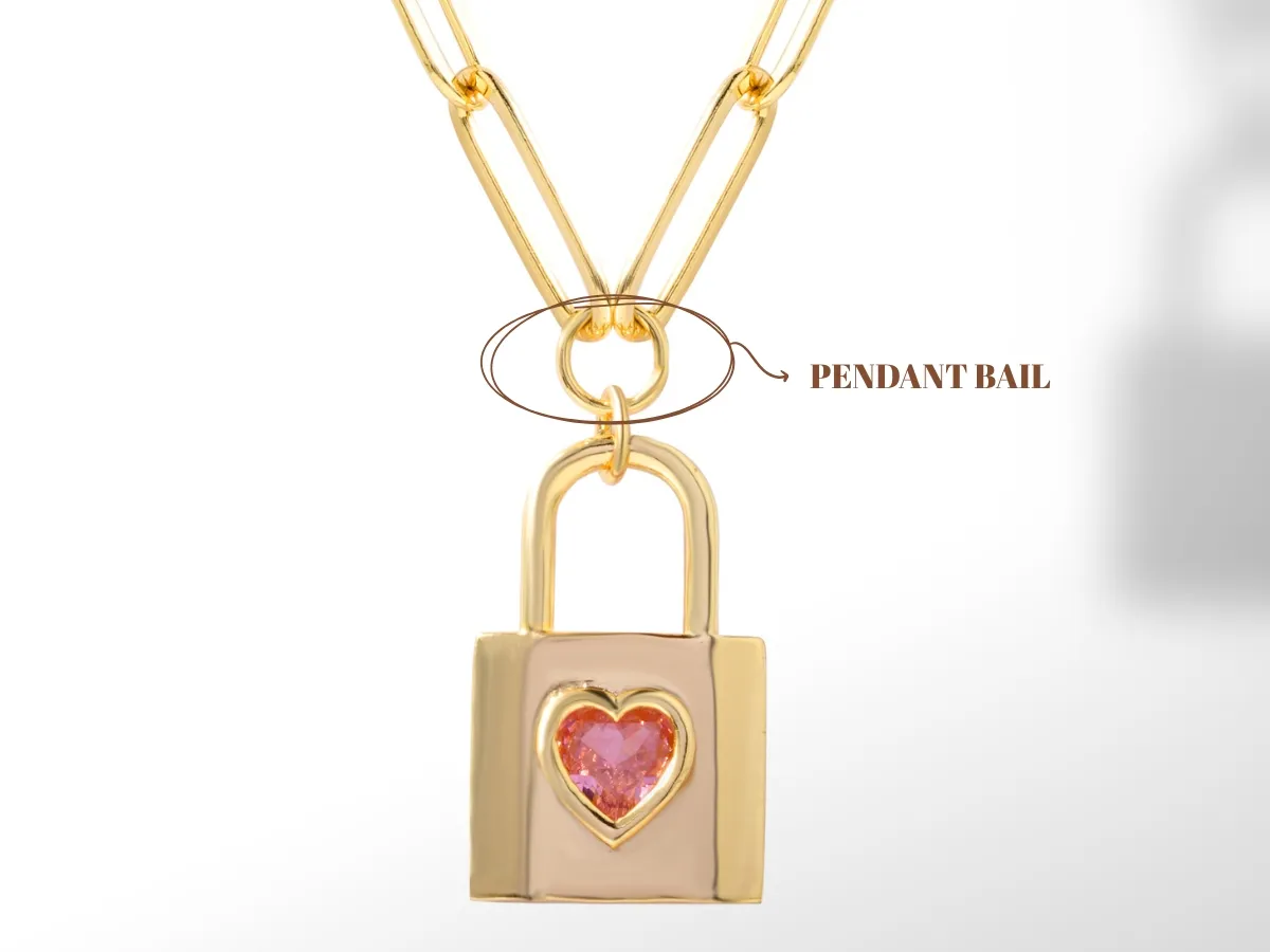 Gold lock pendant with paperclip chain.