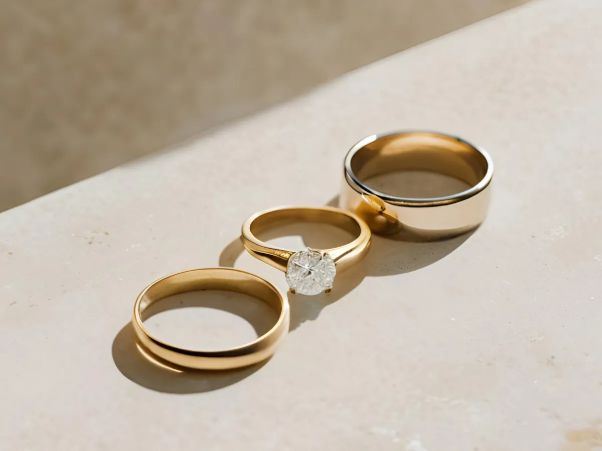 Three wedding rings on marble.