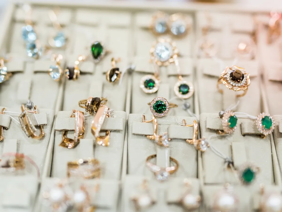 Display case of gemstone rings.