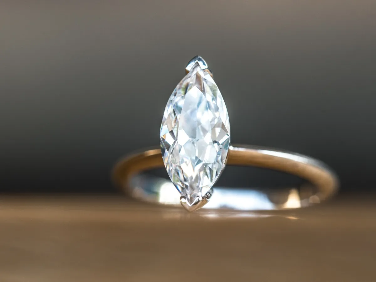 Marquise-cut solitaire diamond ring.