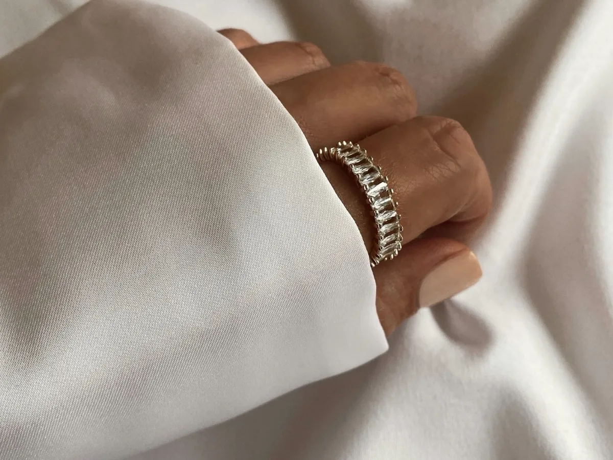 Silver ring with multiple sparkling diamond-like stones.