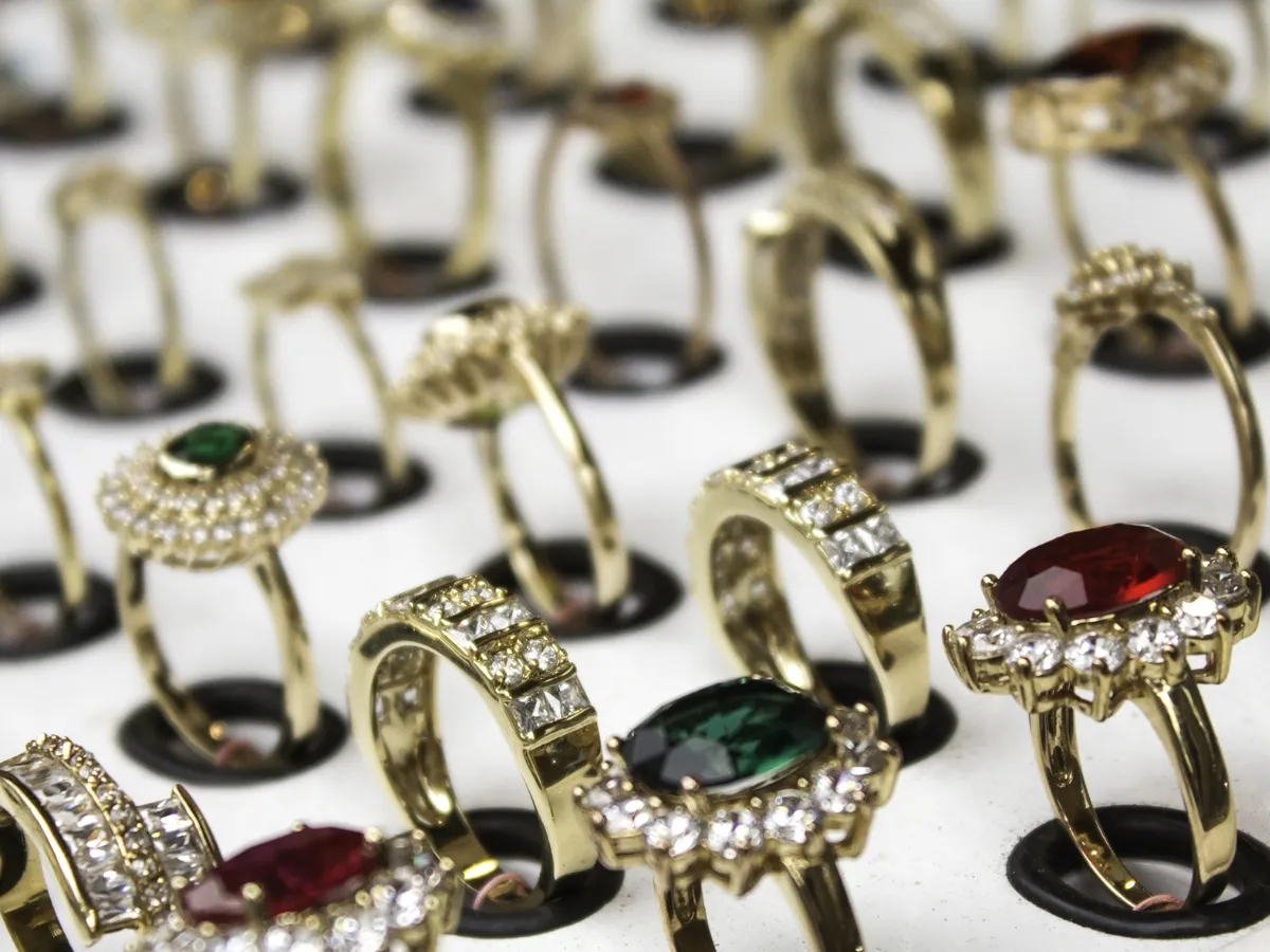 Assorted vintage gold rings with gemstones.