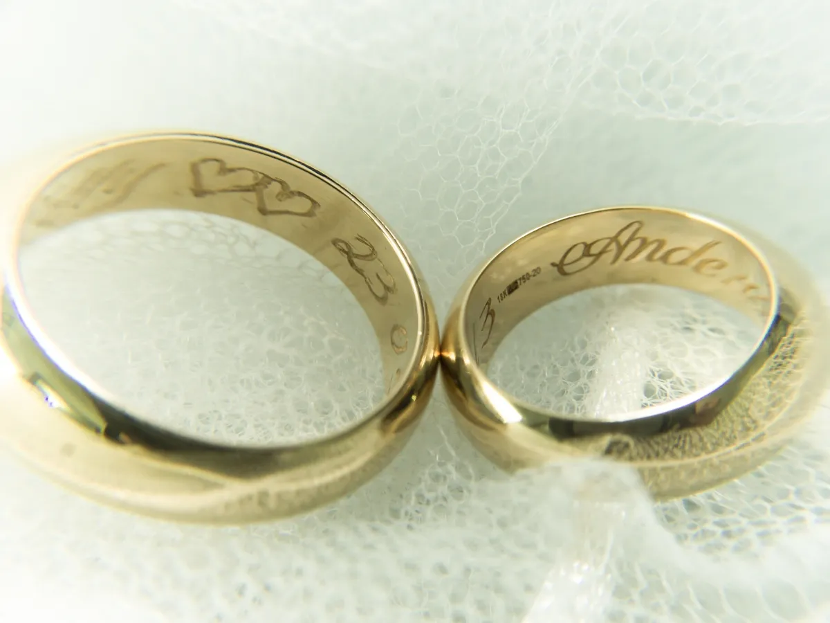 Close-up of engraved gold wedding rings.