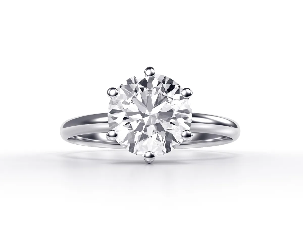 Solitaire diamond ring on white background.
