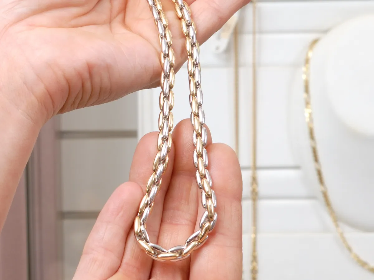 Hands holding two-tone gold chain necklace.