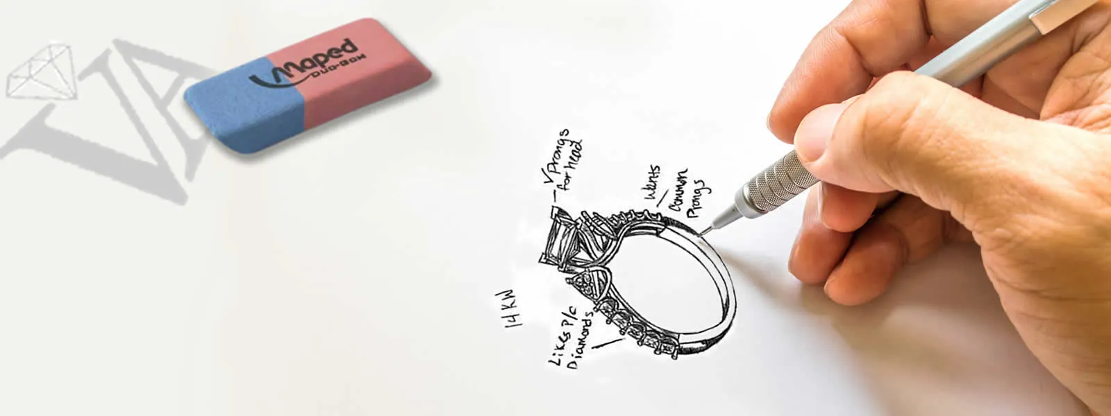 Jeweler drawing a custom ring design on Van Adams Jewlers drawing paper