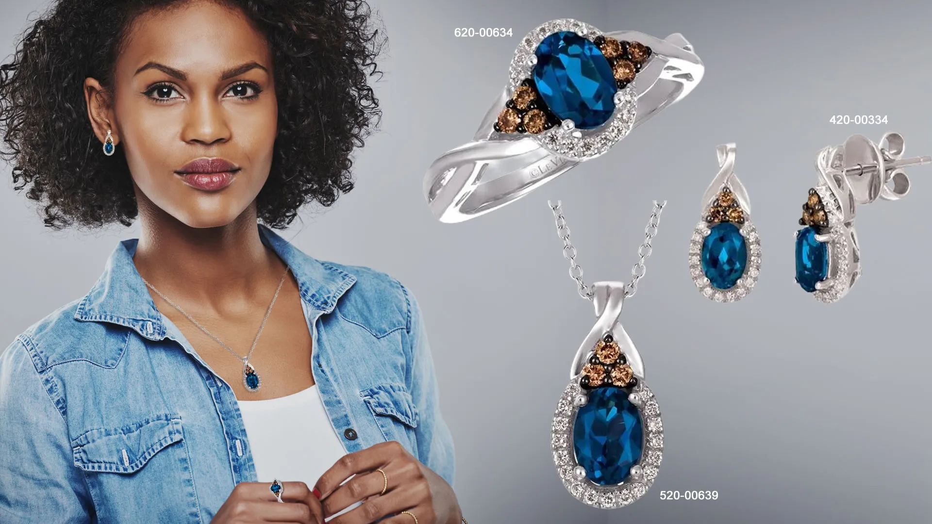 LeVian Blue Topaz and Chocolate Diamond Set Earrings $1499 (regularly $1999)Necklace $999 (regularly $1399)Ring $899 (regularly $1199) Van Adams Jewelers Snellville, GA