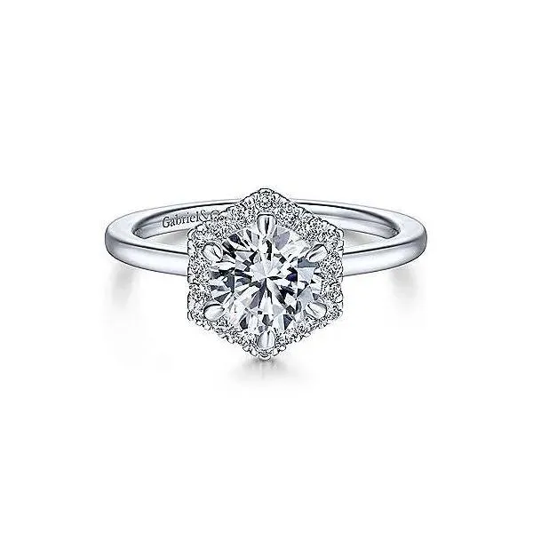 14K White Gold Hexagonal Halo Round Diamond Engagement Ring