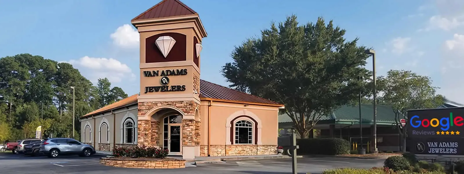 Exterior view of Van Adams Jewelers storefront in Snellville, serving engagement ring shoppers across Gwinnett County 