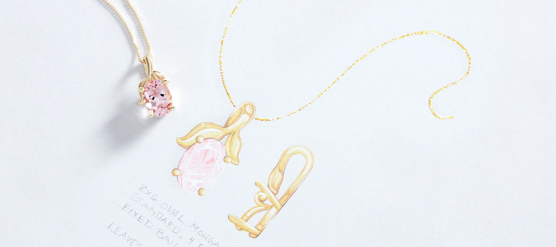 Necklace sketch with pink gemstone with final necklace next to it