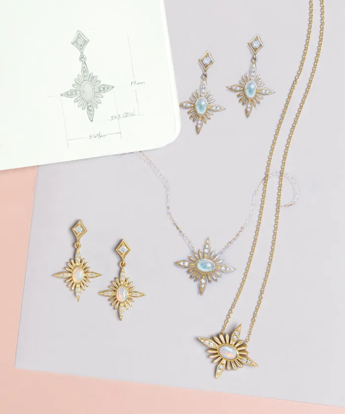 Sketch of earrings and necklace with final earrings and necklace next to it