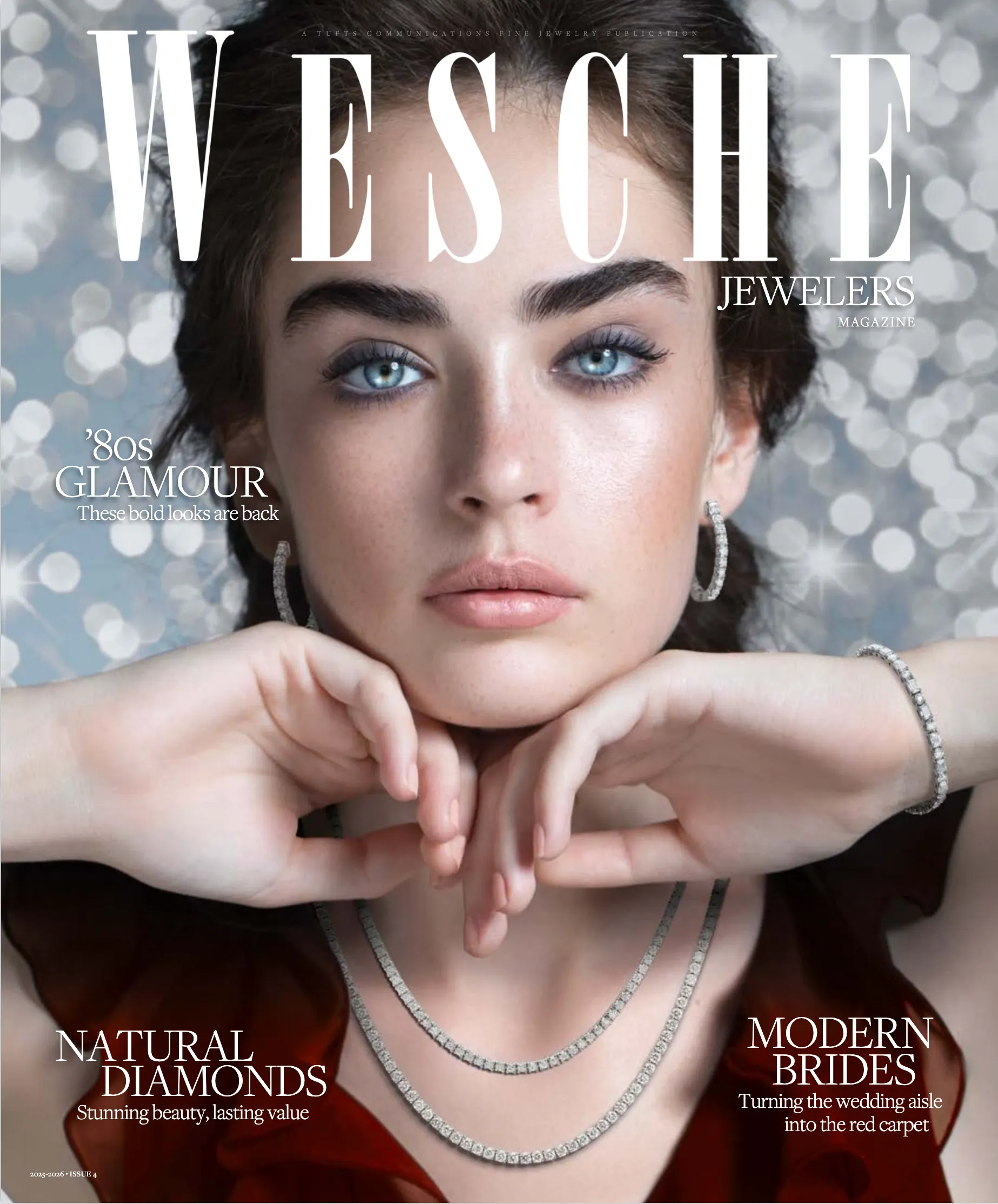 Elegant woman wearing diamond jewelry on Wesche Jewelers magazine cover. View Now.