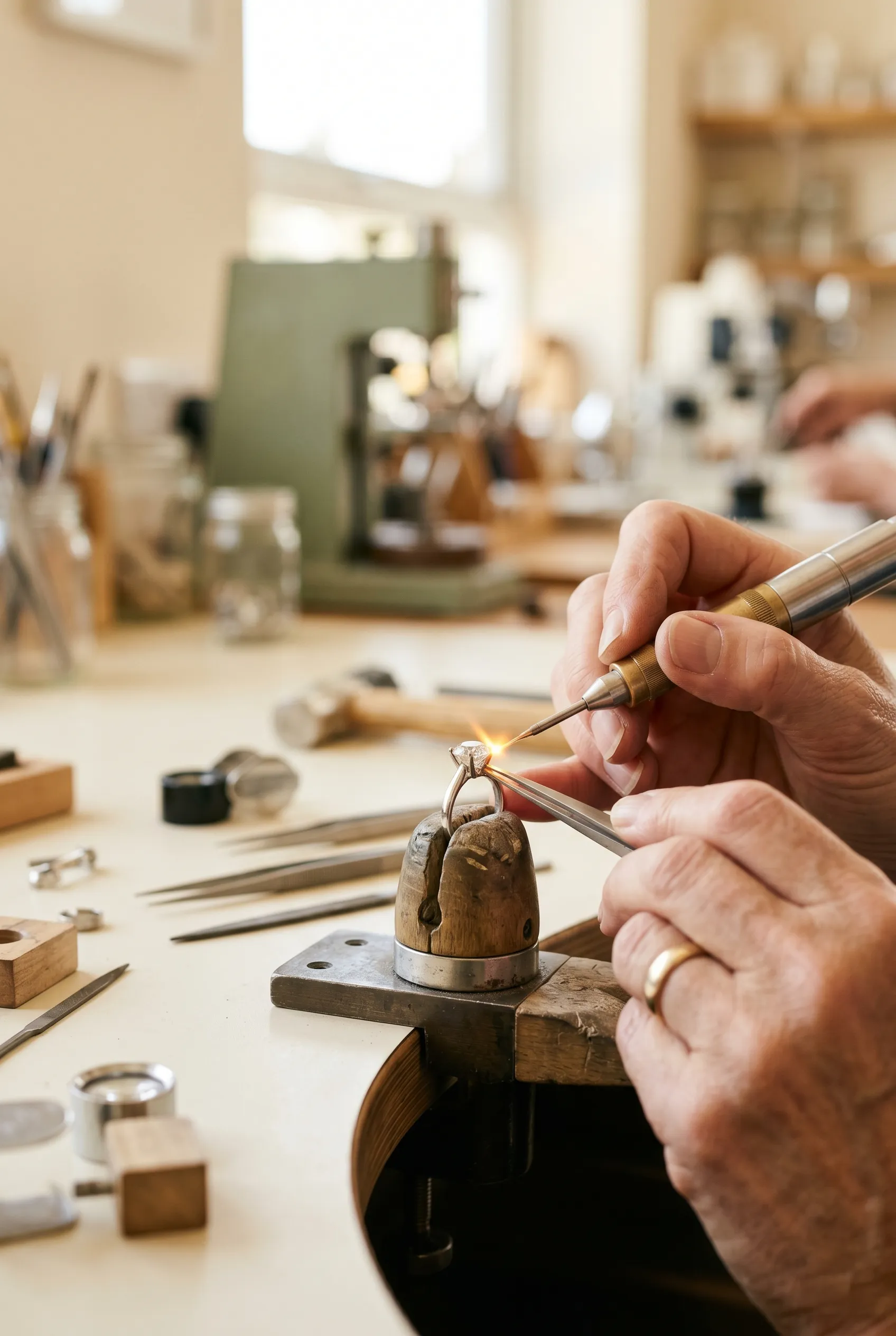 Hands using pliers to repair jewelry on a workbench.