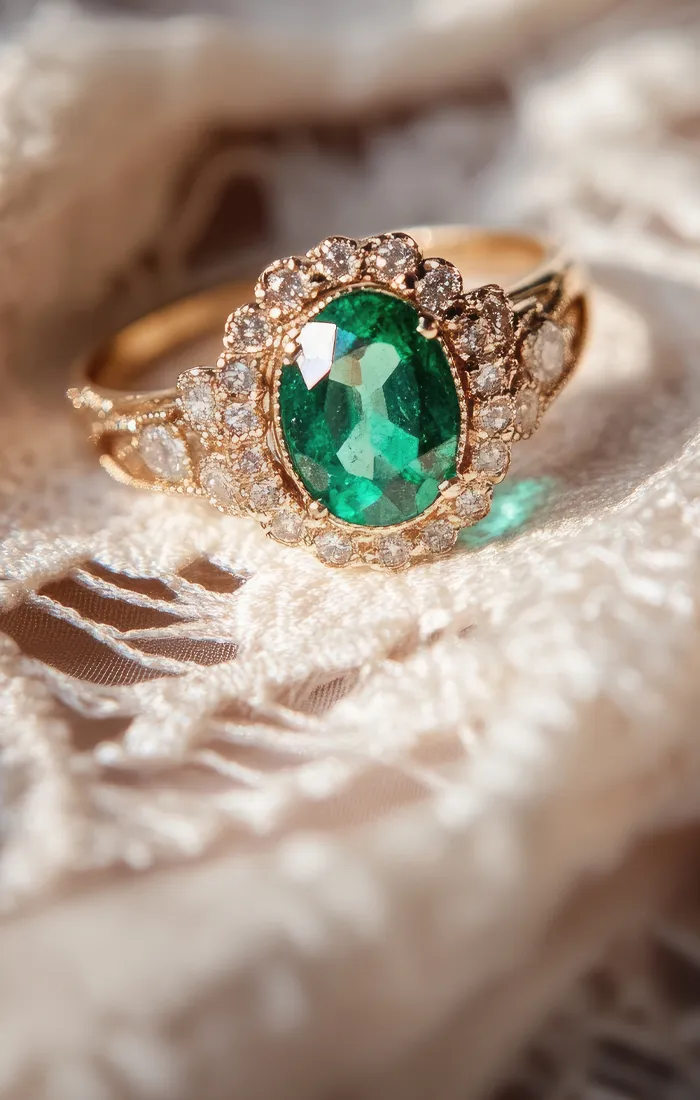 Emerald and diamond ring on lace fabric.