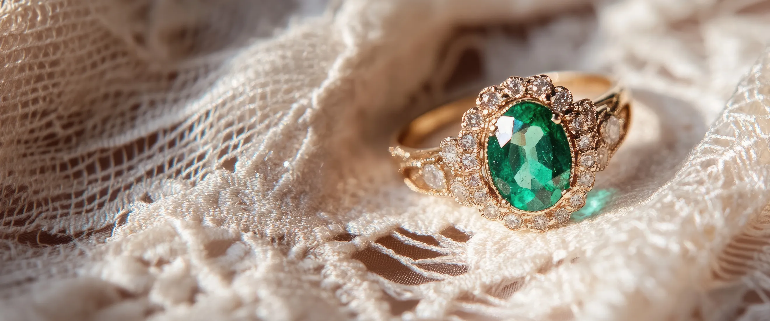 Emerald and diamond ring on lace fabric.