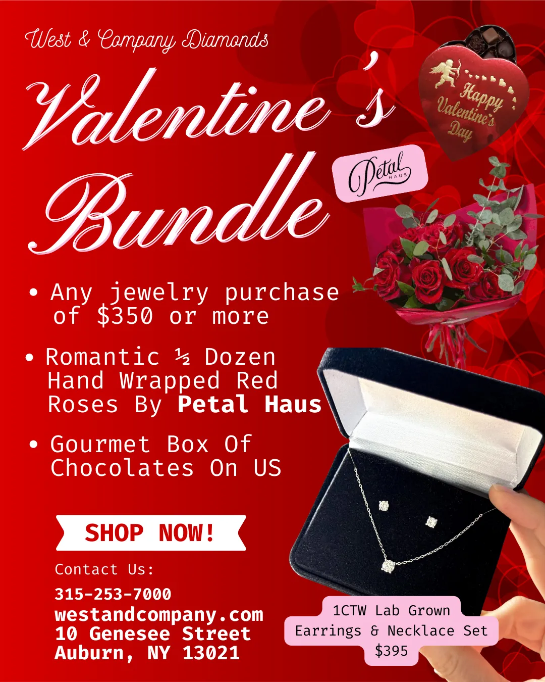 Get roses and chocolates with any jewelry purchase of $350 or more with West & Company's Valentine's Bundle. Shop now!
