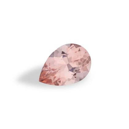 A pear-shaped pink morganite gemstone on a white background.