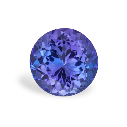 A round-cut blue tanzanite gemstone with intricate facets.