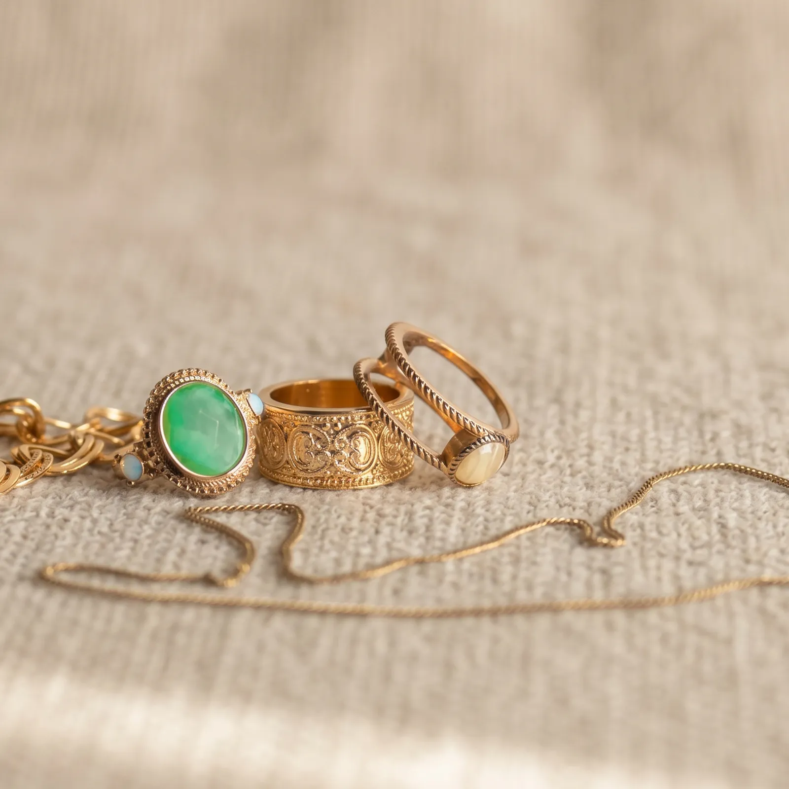 Gold rings with green stone and intricate designs on a textured surface.