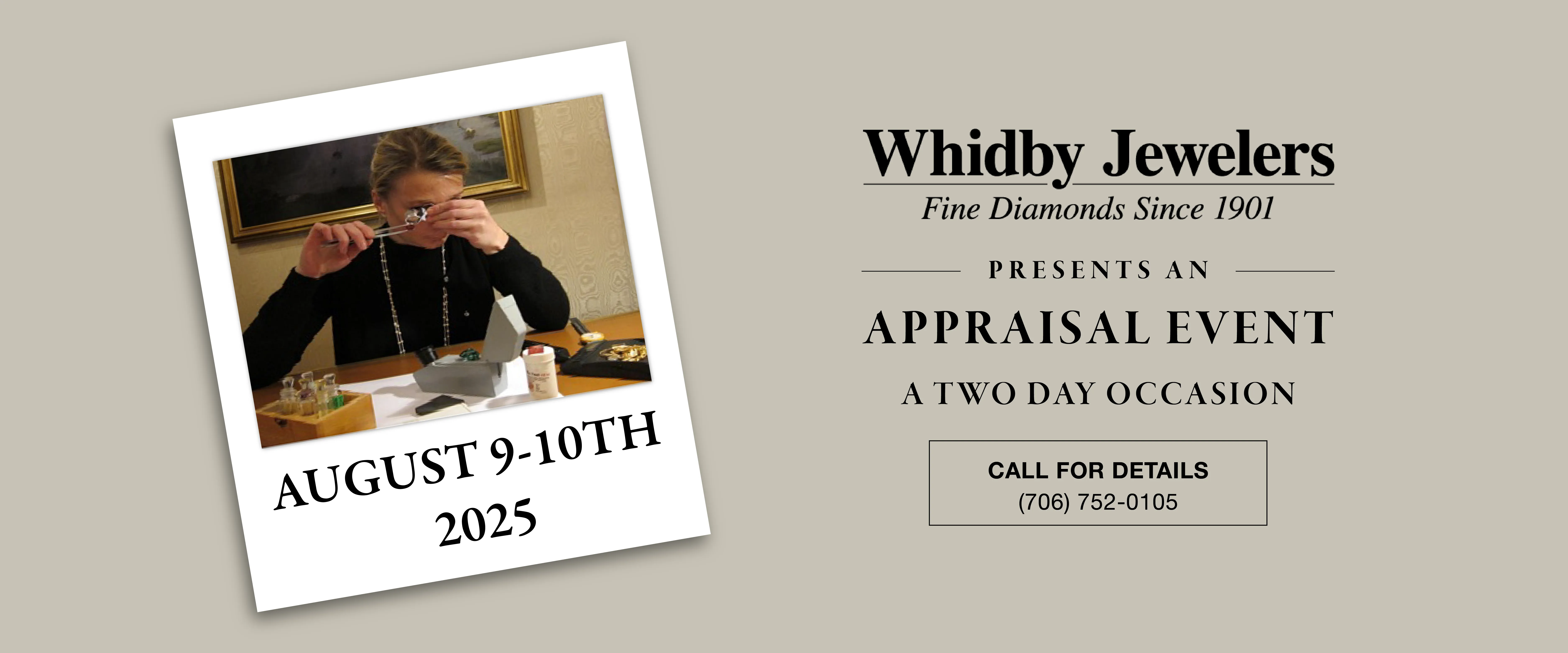 Whidby Jewelers August 2025 Appraisal Event Banner & Details