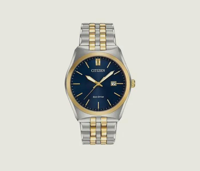 Citizen Eco-Drive watch with a blue dial and gold accents.