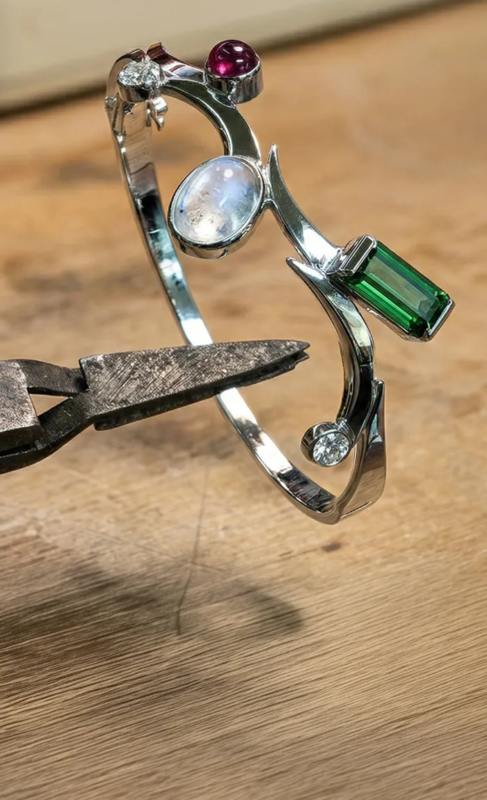 Jewelry restoration in progress with pliers and gemstone bracelet on a workbench.