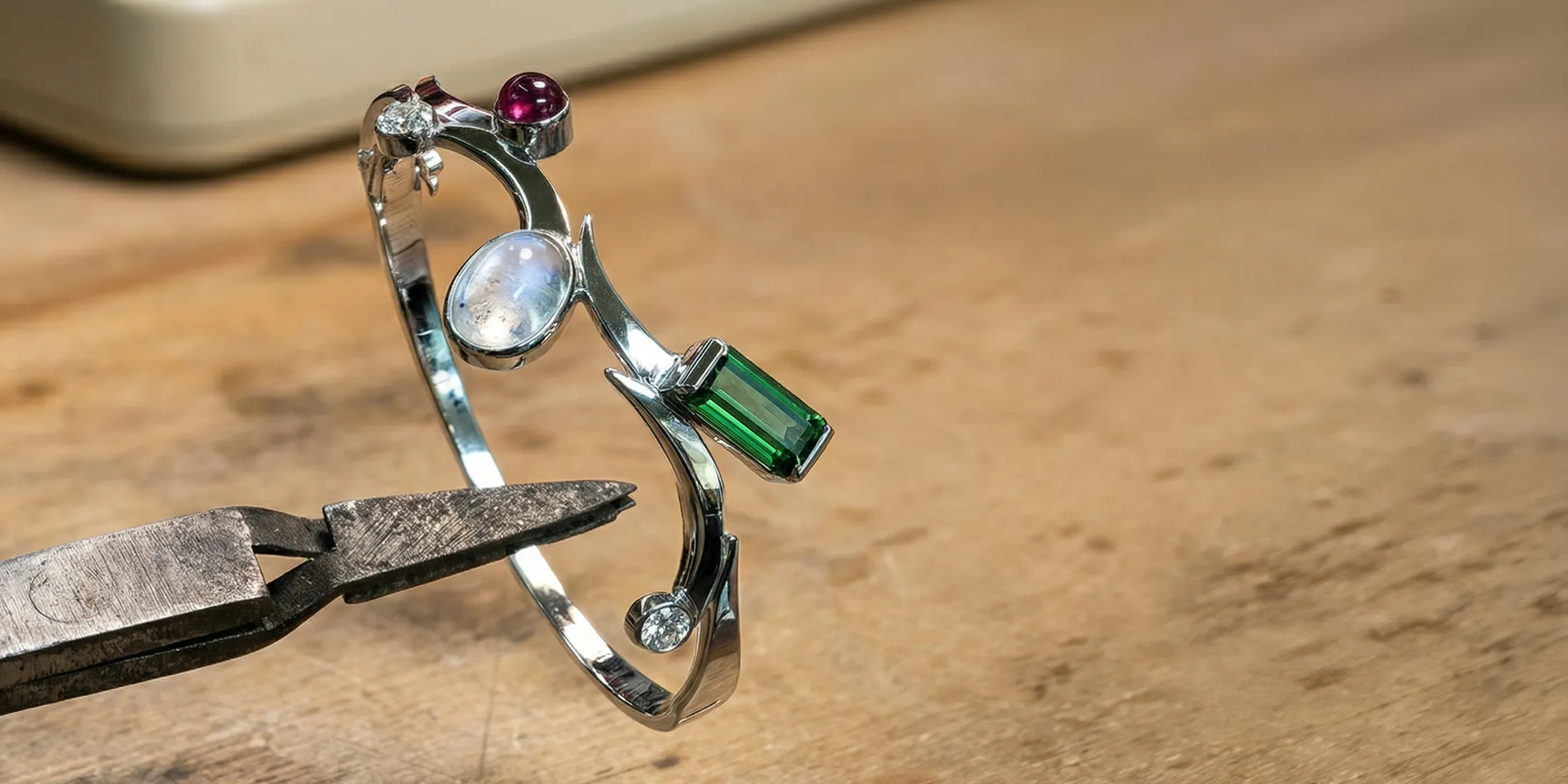 Jewelry restoration in progress with pliers and gemstone bracelet on a workbench.