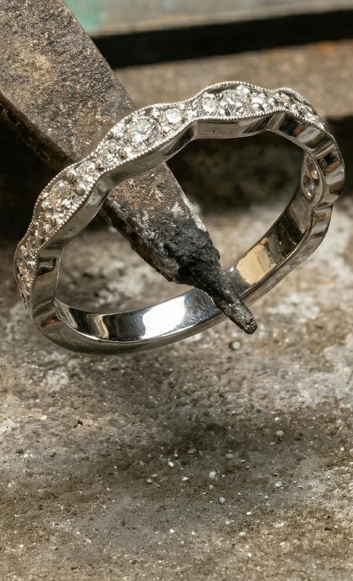 Diamond ring held by pliers on a workbench.