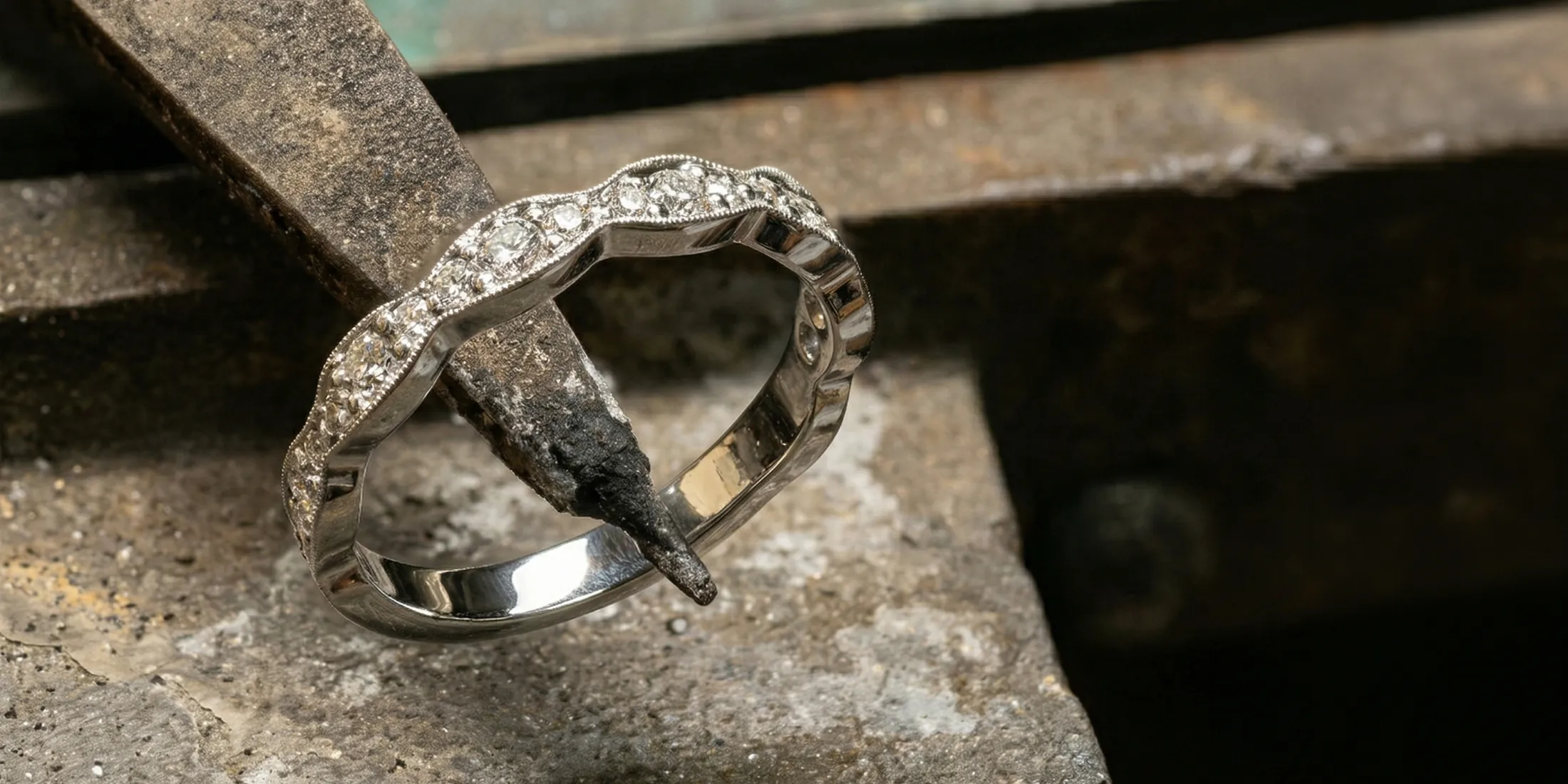 Diamond ring held by pliers on a workbench.